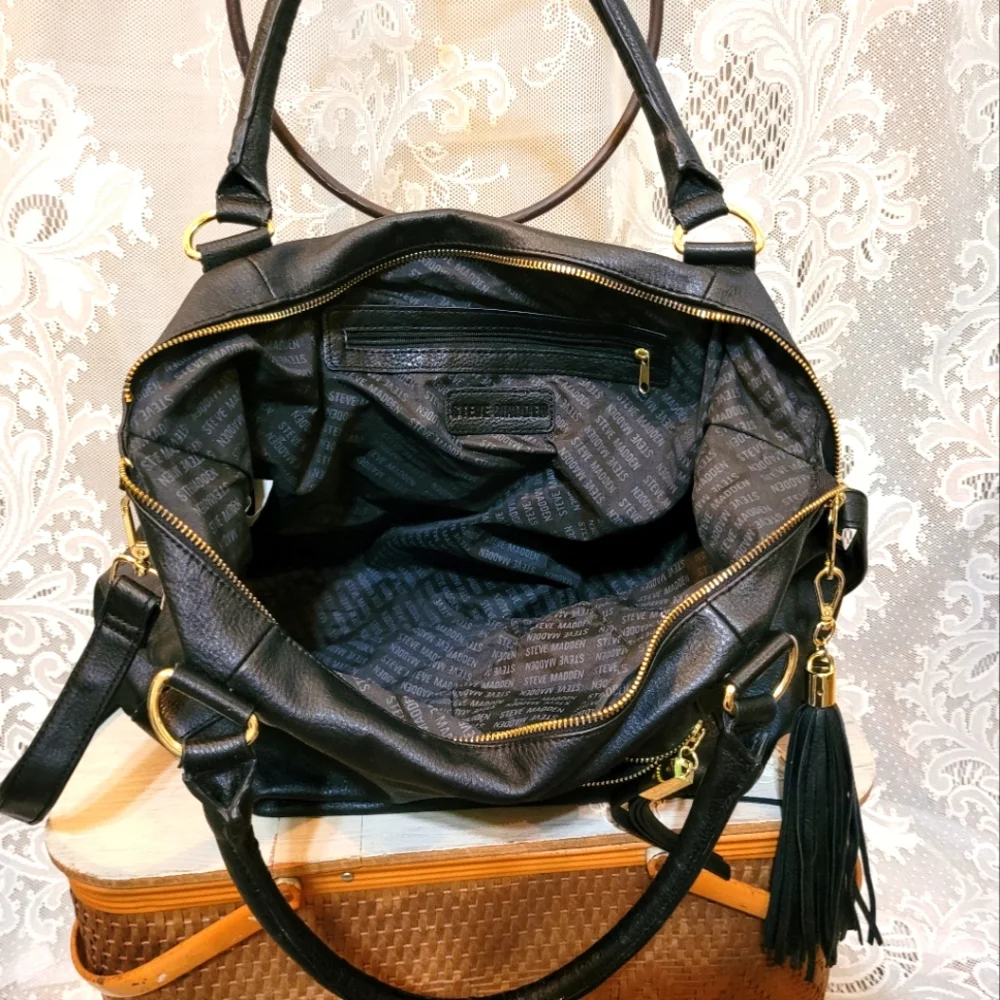 Steve Madden Large Black Leather Tote With Tassels - Picture 12 of 12